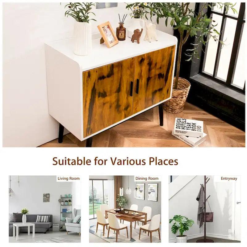 Bahut Buffet Meuble de Rangement avec 2 Portes Pieds en Métal Accent Blanc Marron Rustique