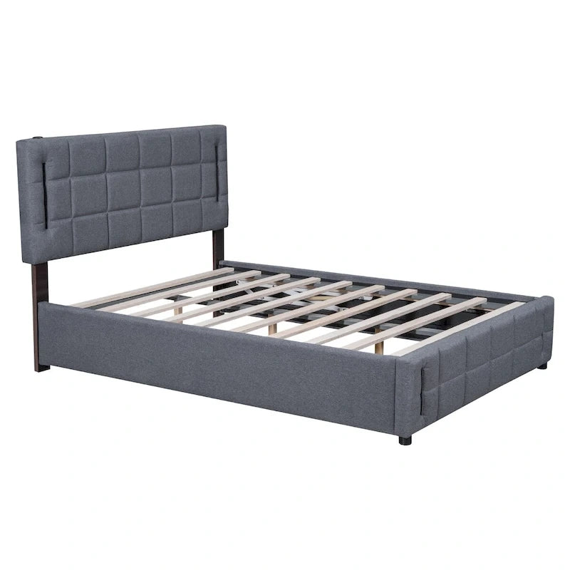 Lit plateforme Queen Size rembourré avec lumières LED et rangement hydraulique