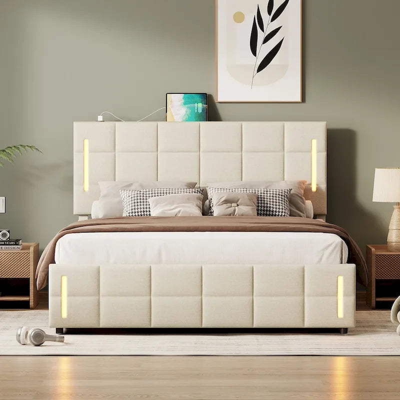 Lit plateforme Queen Size rembourré avec lumières LED et rangement hydraulique