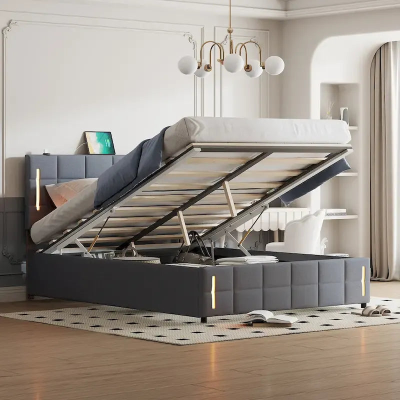 Lit plateforme Queen Size rembourré avec lumières LED et rangement hydraulique