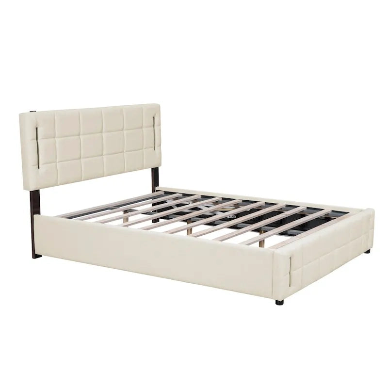 Lit plateforme Queen Size rembourré avec lumières LED et rangement hydraulique