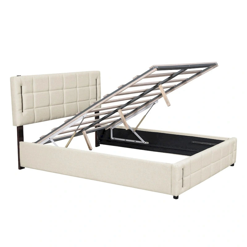 Lit plateforme Queen Size rembourré avec lumières LED et rangement hydraulique