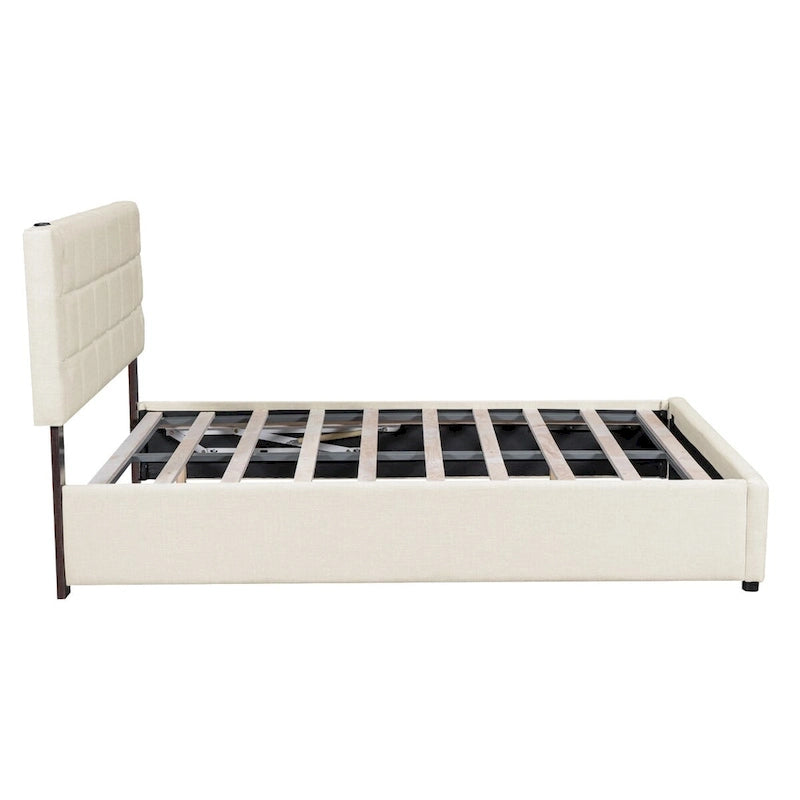 Lit plateforme Queen Size rembourré avec lumières LED et rangement hydraulique