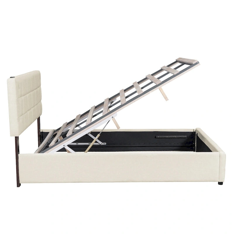 Lit plateforme Queen Size rembourré avec lumières LED et rangement hydraulique