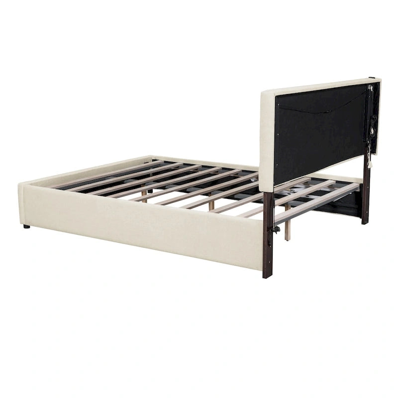 Lit plateforme Queen Size rembourré avec lumières LED et rangement hydraulique