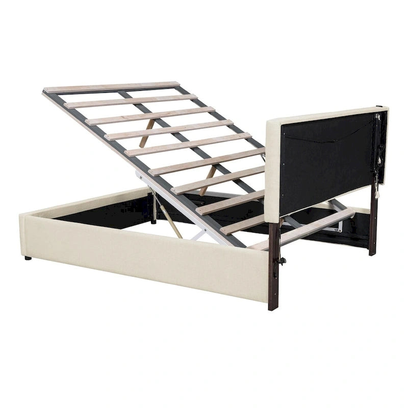 Lit plateforme Queen Size rembourré avec lumières LED et rangement hydraulique