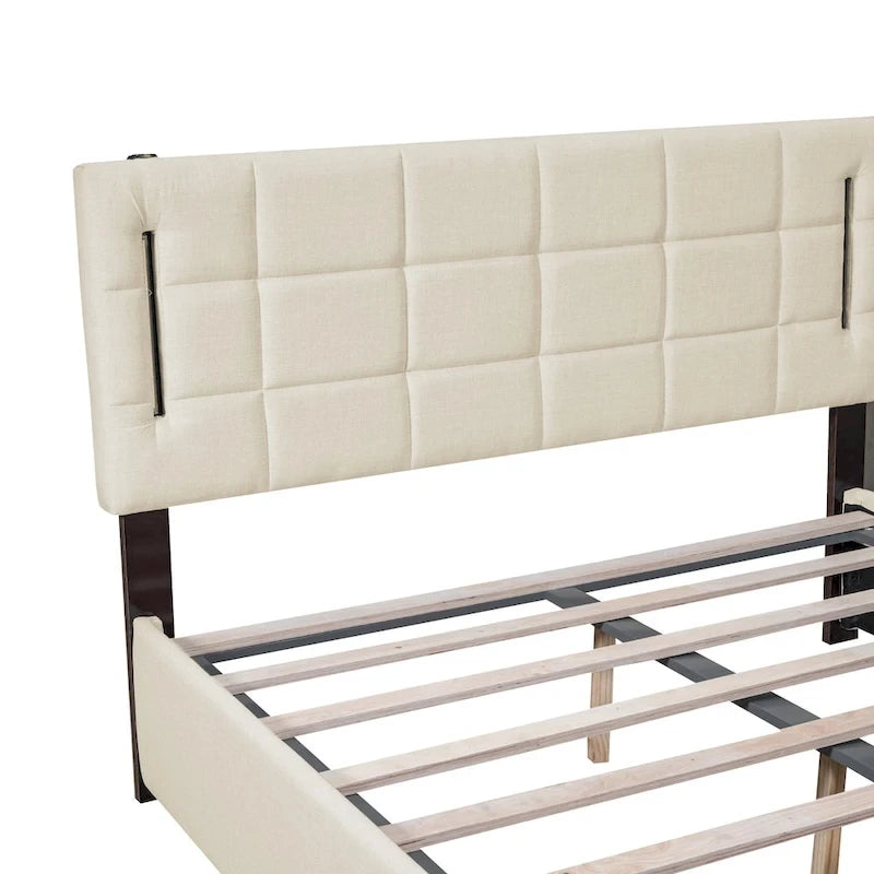 Lit plateforme Queen Size rembourré avec lumières LED et rangement hydraulique