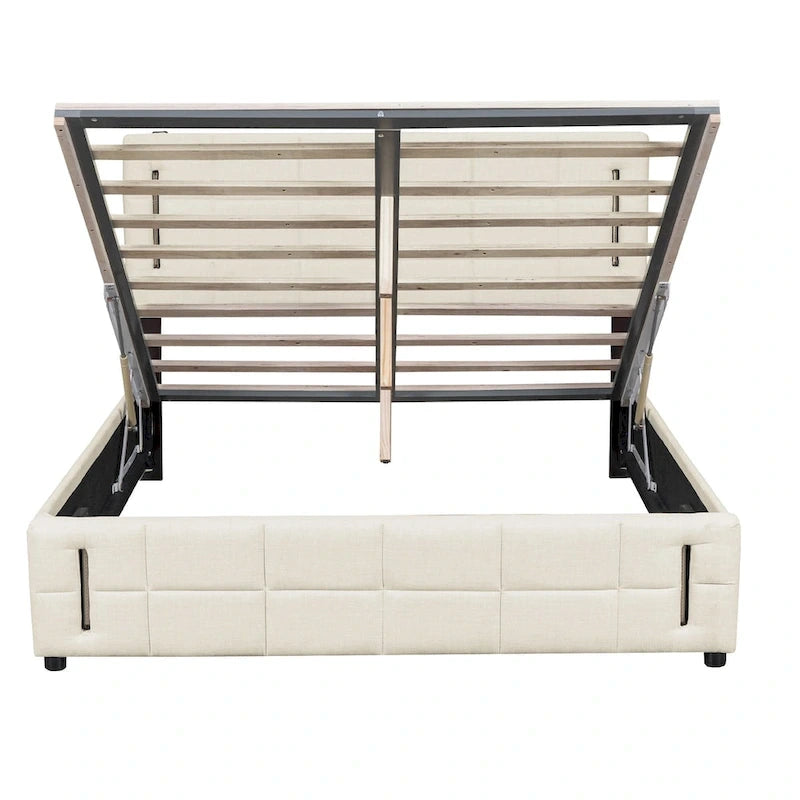 Lit plateforme Queen Size rembourré avec lumières LED et rangement hydraulique