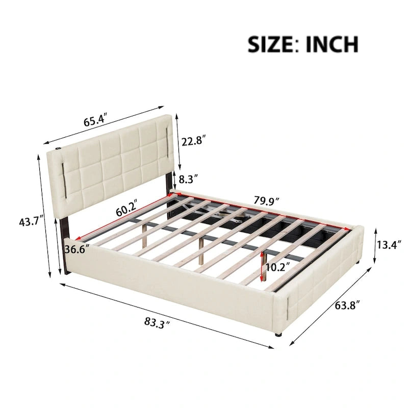 Lit plateforme Queen Size rembourré avec lumières LED et rangement hydraulique