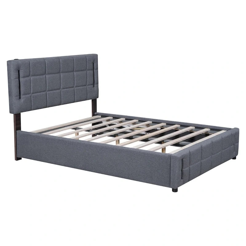 Lit plateforme Queen Size rembourré avec lumières LED et rangement hydraulique