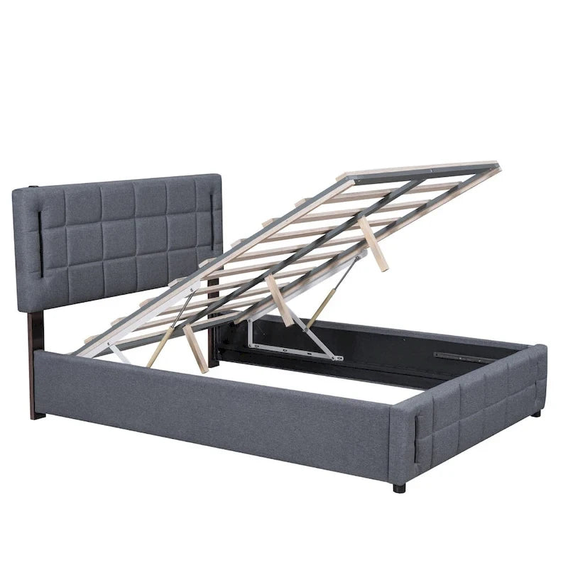 Lit plateforme Queen Size rembourré avec lumières LED et rangement hydraulique