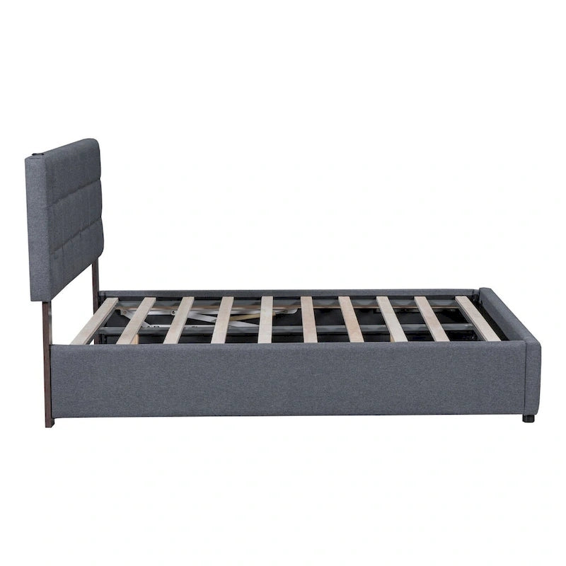 Lit plateforme Queen Size rembourré avec lumières LED et rangement hydraulique