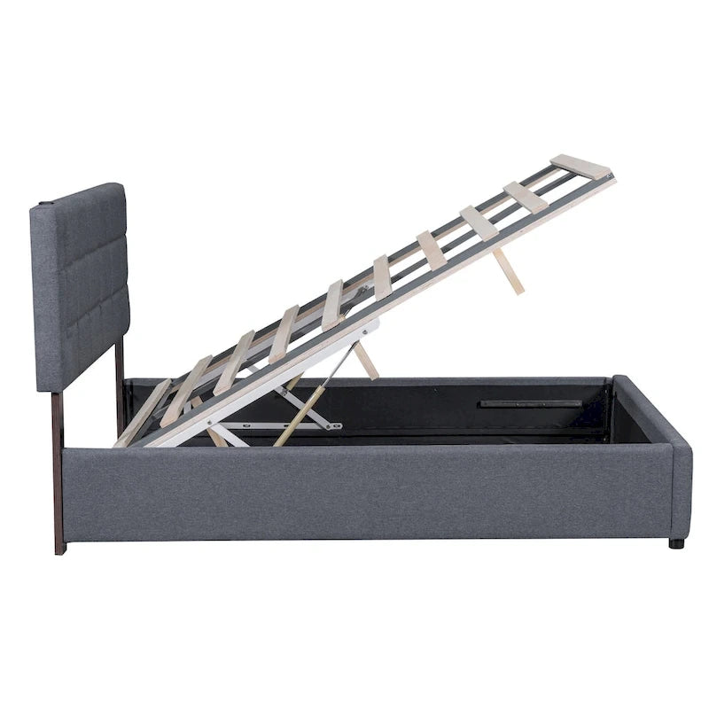 Lit plateforme Queen Size rembourré avec lumières LED et rangement hydraulique