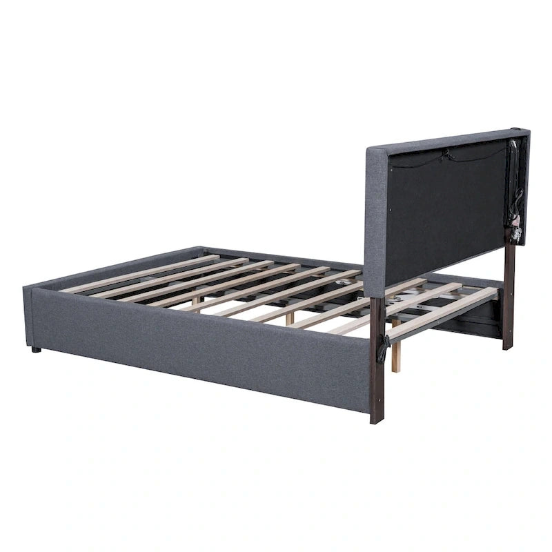 Lit plateforme Queen Size rembourré avec lumières LED et rangement hydraulique