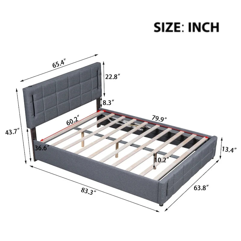 Lit plateforme Queen Size rembourré avec lumières LED et rangement hydraulique