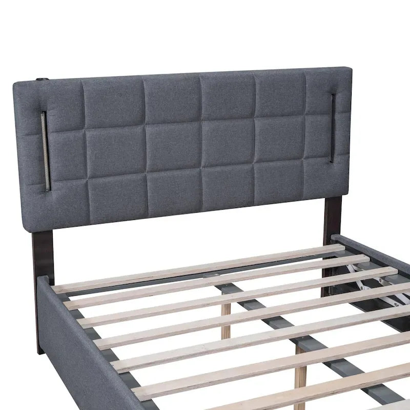 Lit plateforme Queen Size rembourré avec lumières LED et rangement hydraulique