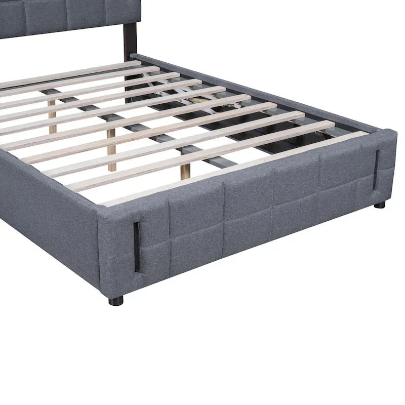 Lit plateforme Queen Size rembourré avec lumières LED et rangement hydraulique