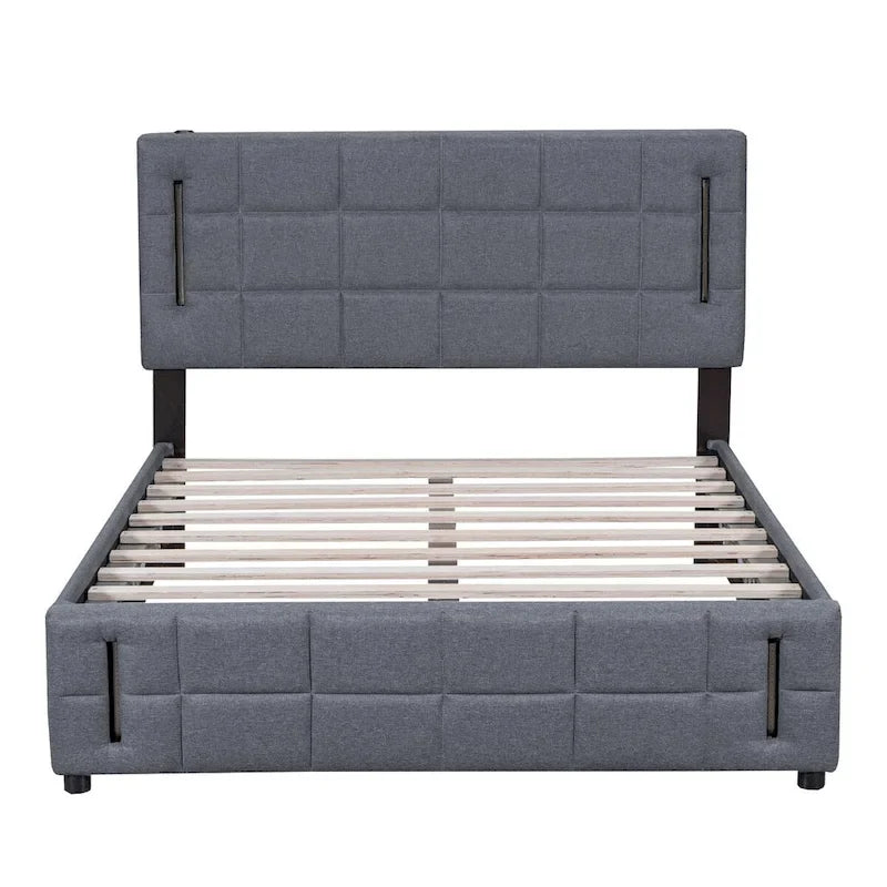 Lit plateforme Queen Size rembourré avec lumières LED et rangement hydraulique
