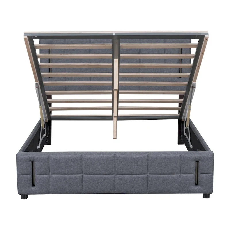Lit plateforme Queen Size rembourré avec lumières LED et rangement hydraulique