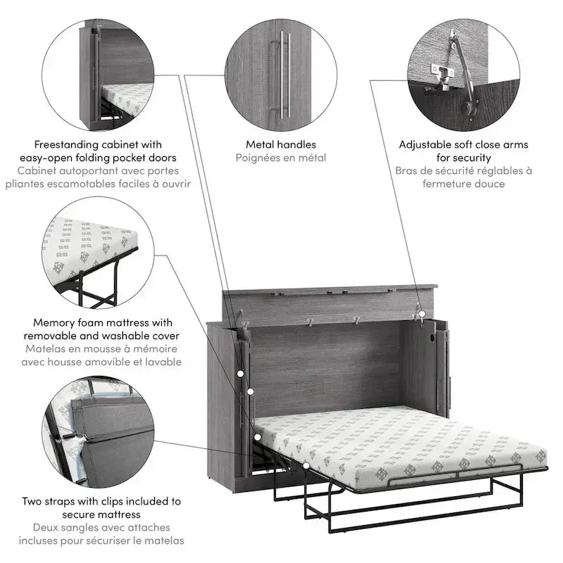 Lit-armoire Queen avec matelas pliant en mousse pour chambre d'amis