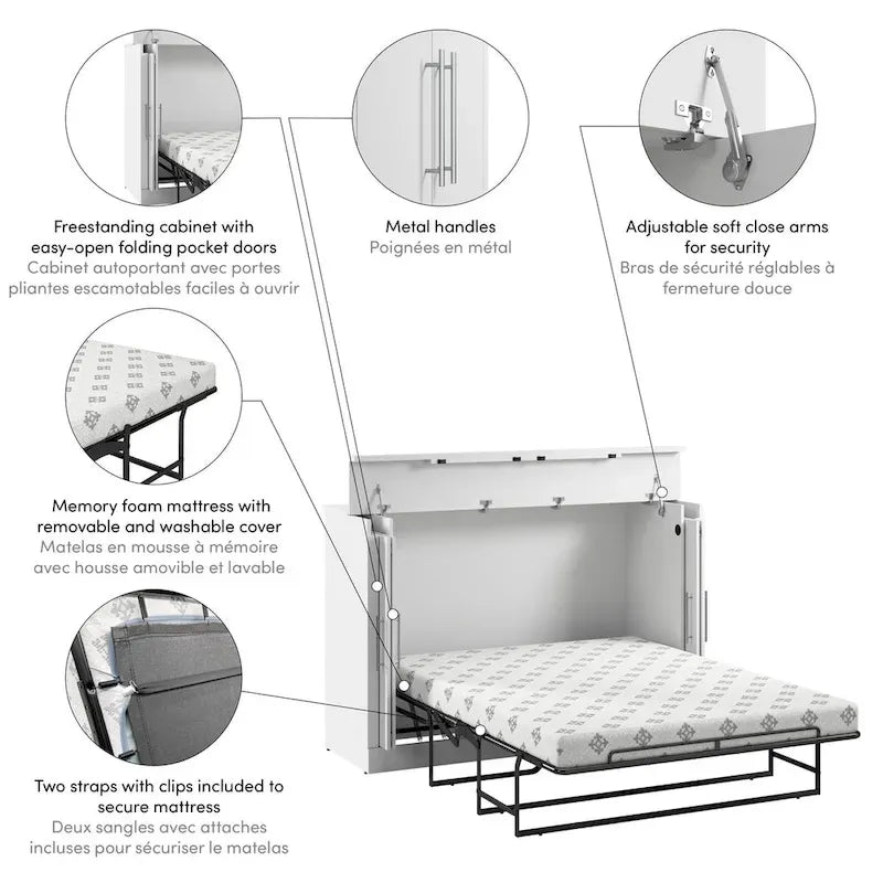 Lit-armoire Queen avec matelas pliant en mousse pour chambre d'amis