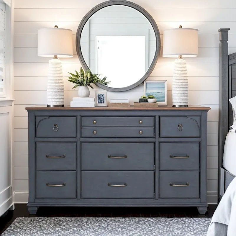 Commode 9 tiroirs bleue en velours côtelé avec tiroirs à fermeture douce et insert à bijoux