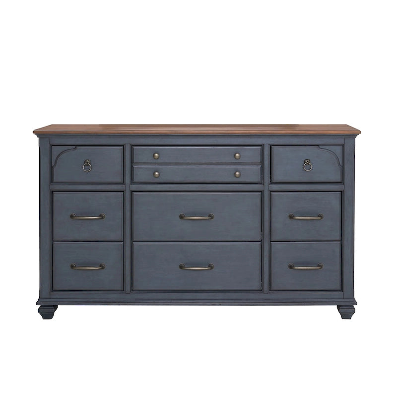 Commode 9 tiroirs bleue en velours côtelé avec tiroirs à fermeture douce et insert à bijoux