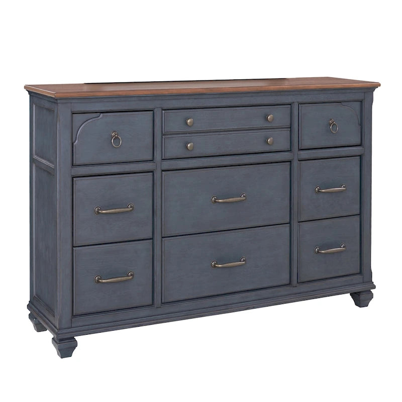 Commode 9 tiroirs bleue en velours côtelé avec tiroirs à fermeture douce et insert à bijoux