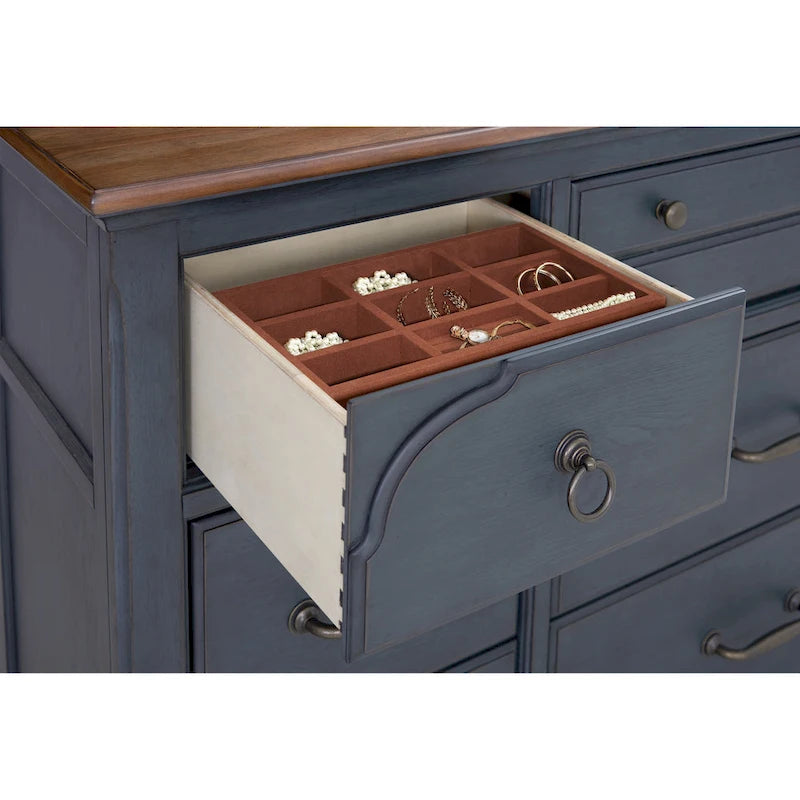 Commode 9 tiroirs bleue en velours côtelé avec tiroirs à fermeture douce et insert à bijoux