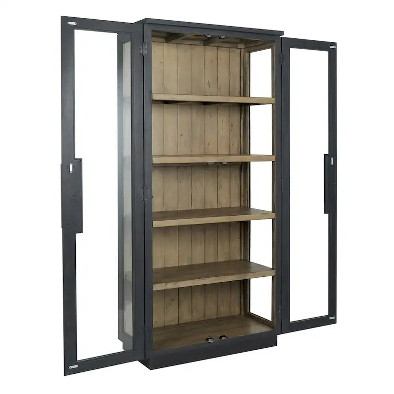 Meuble en pin recyclé avec portes en verre trempé et quincaillerie en laiton