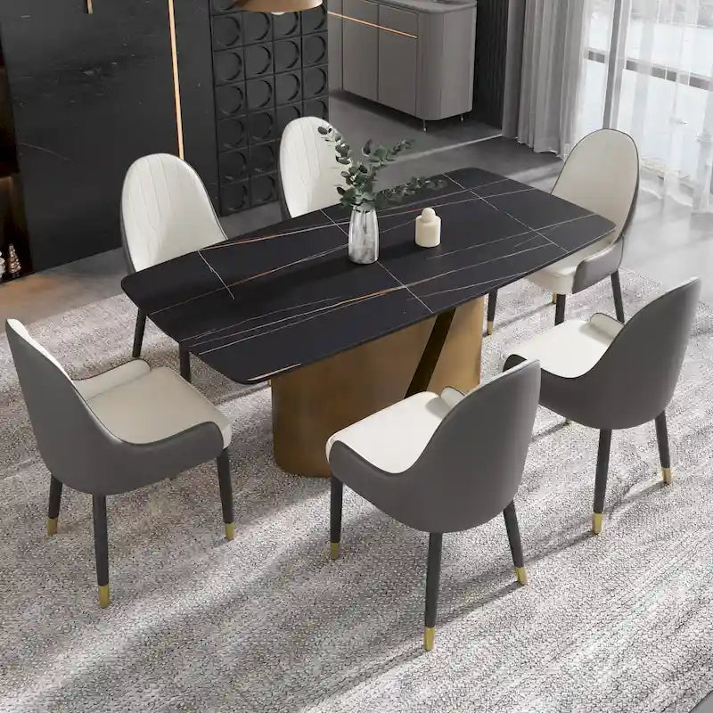 Table de salle à manger de cuisine moderne, plateau en pierre frittée, pieds en métal finition or