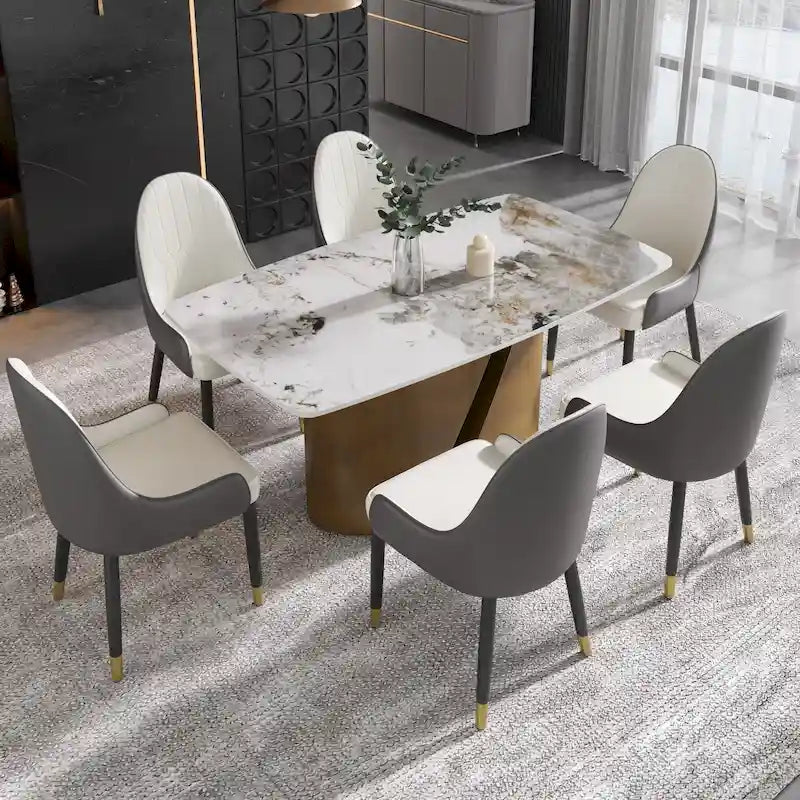 Table de salle à manger de cuisine moderne, plateau en pierre frittée, pieds en métal finition or