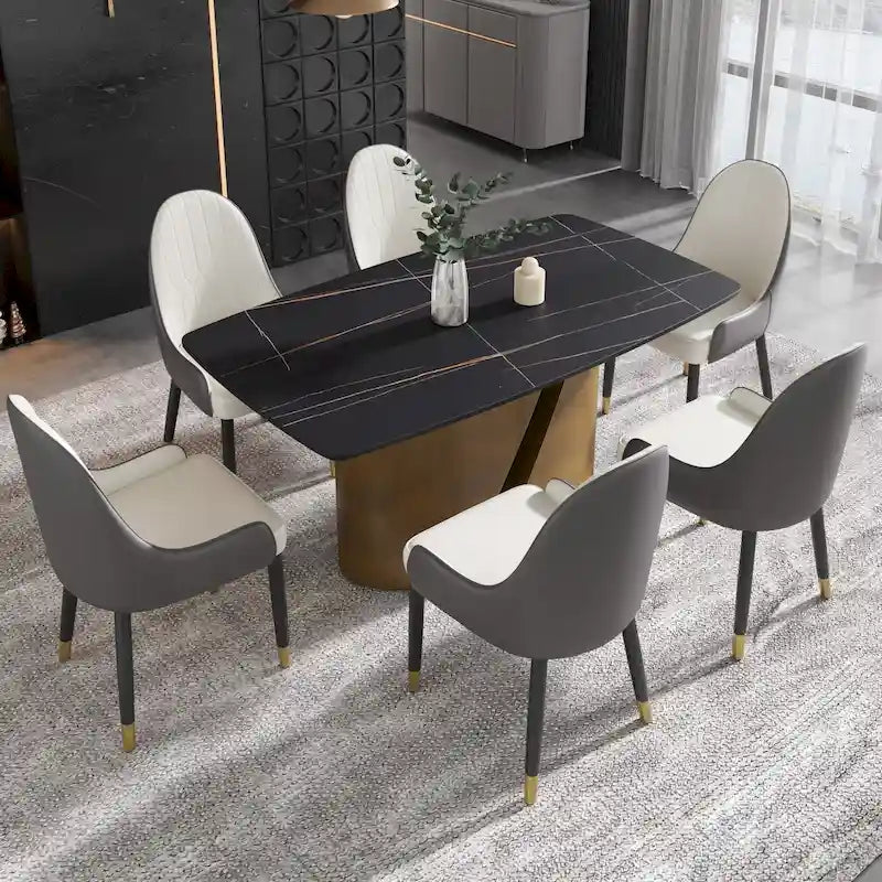 Table de salle à manger de cuisine moderne, plateau en pierre frittée, pieds en métal finition or