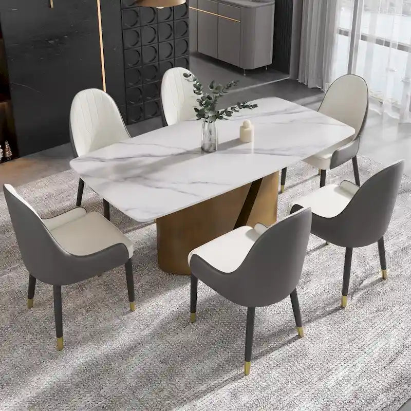 Table de salle à manger de cuisine moderne, plateau en pierre frittée, pieds en métal finition or