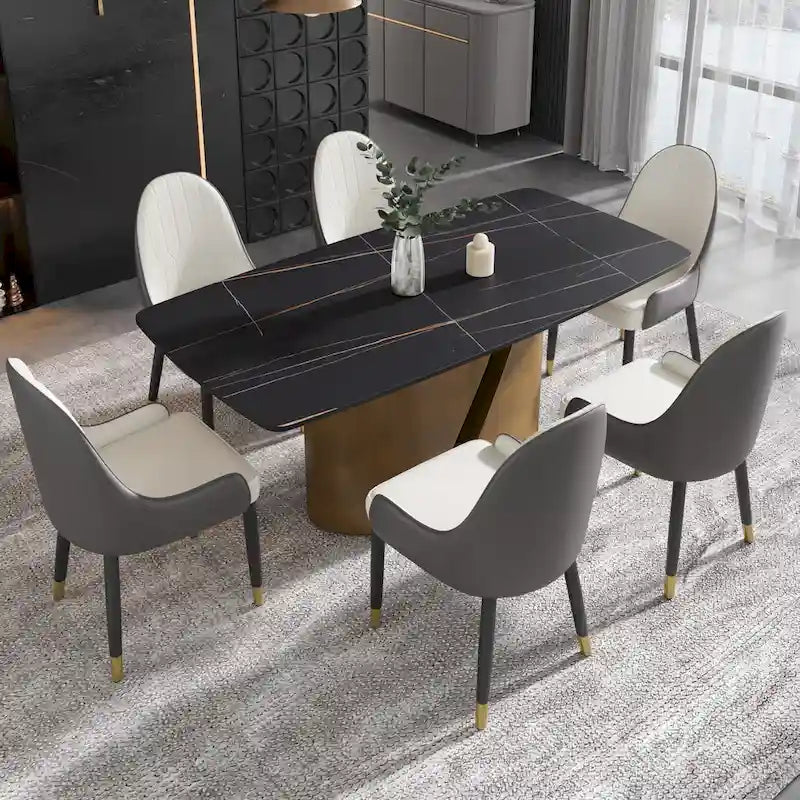 Table de salle à manger de cuisine moderne, plateau en pierre frittée, pieds en métal finition or