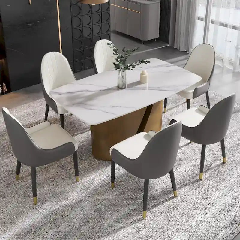 Table de salle à manger de cuisine moderne, plateau en pierre frittée, pieds en métal finition or