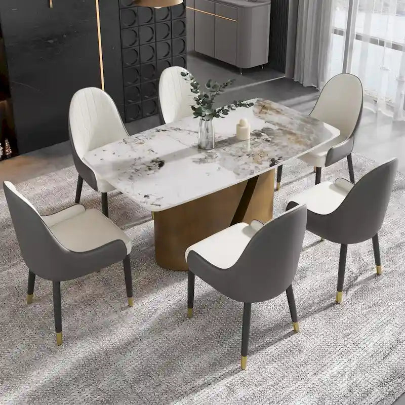 Table de salle à manger de cuisine moderne, plateau en pierre frittée, pieds en métal finition or