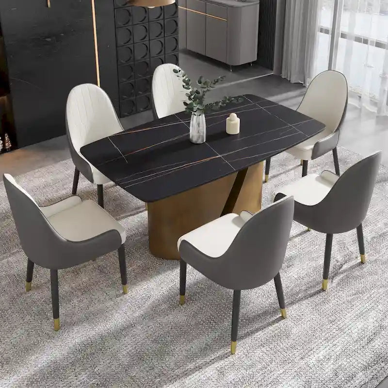 Table de salle à manger de cuisine moderne, plateau en pierre frittée, pieds en métal finition or