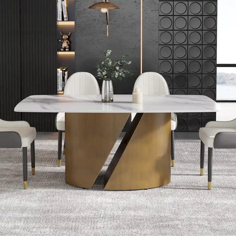 Table de salle à manger de cuisine moderne, plateau en pierre frittée, pieds en métal finition or