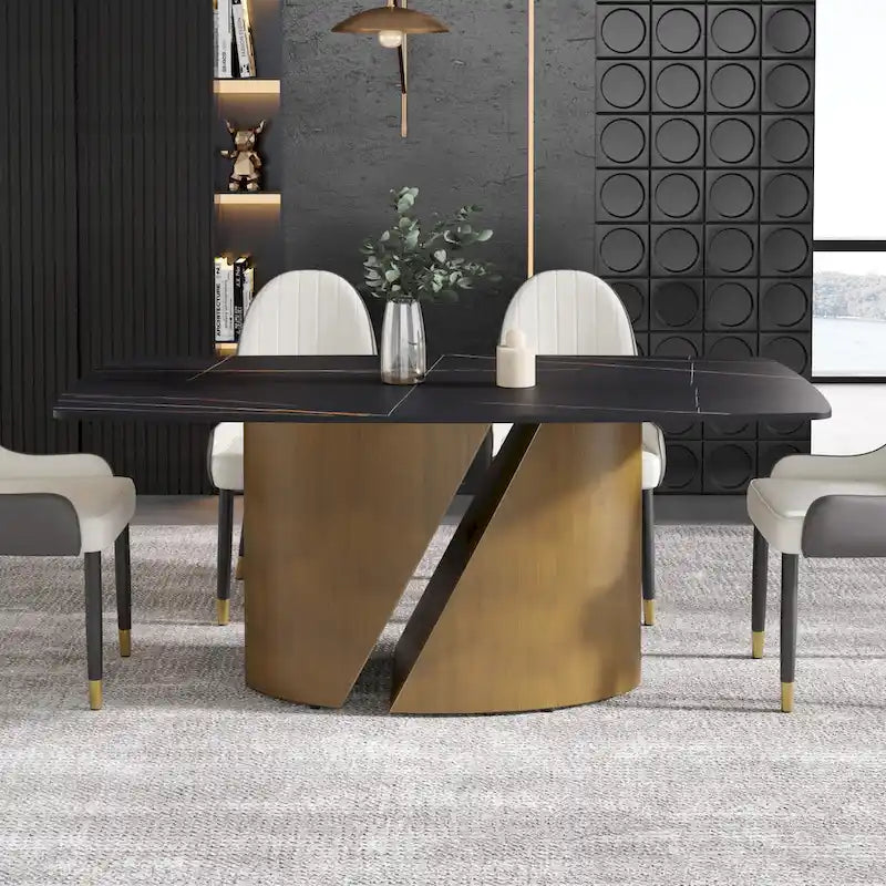 Table de salle à manger de cuisine moderne, plateau en pierre frittée, pieds en métal finition or