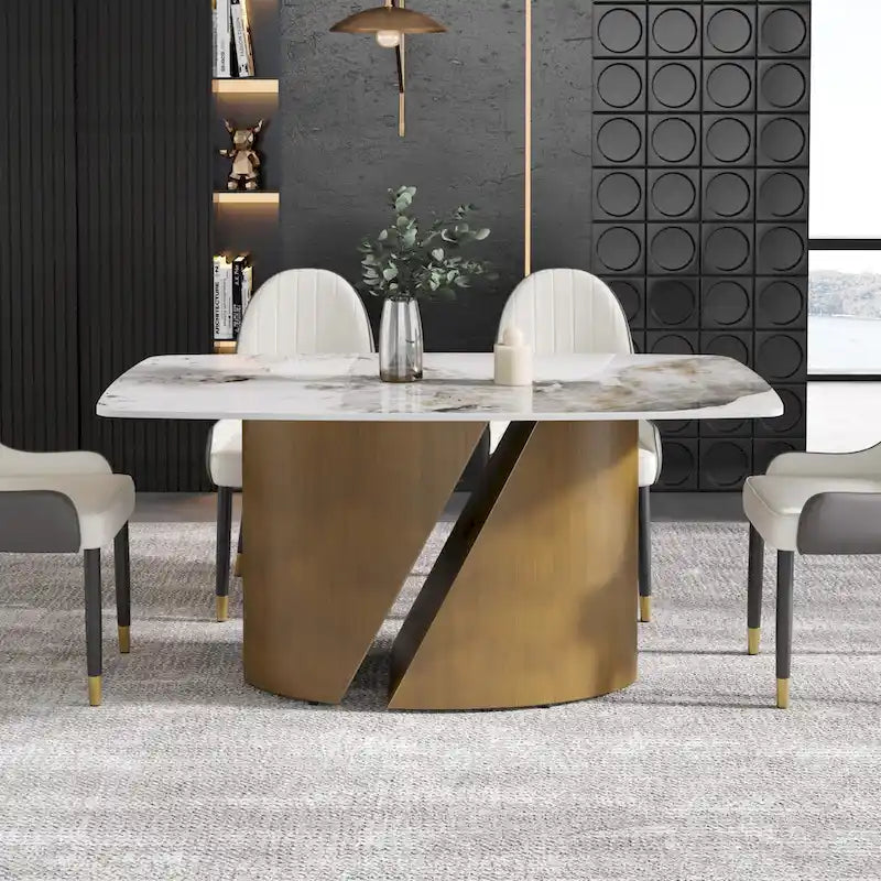 Table de salle à manger de cuisine moderne, plateau en pierre frittée, pieds en métal finition or