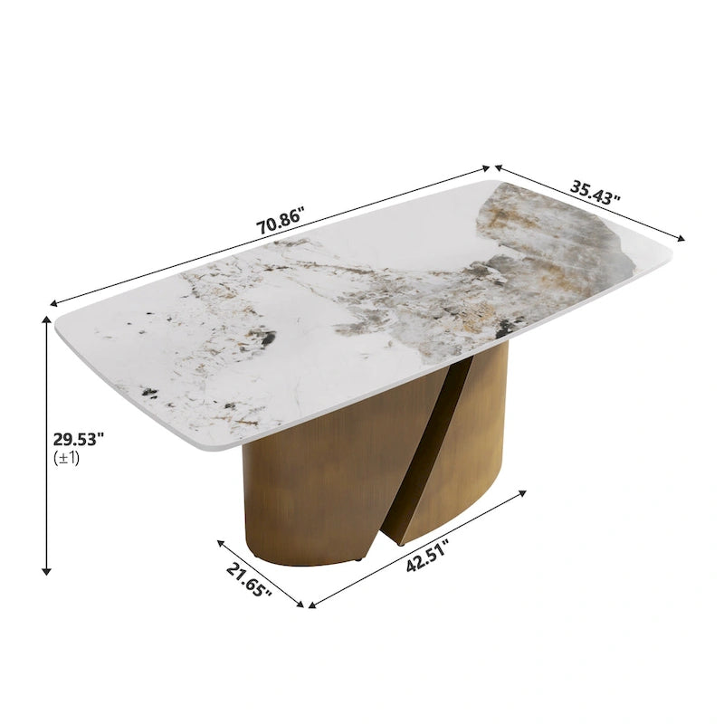 Table de salle à manger de cuisine moderne, plateau en pierre frittée, pieds en métal finition or