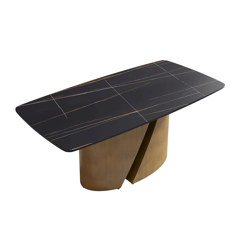 Table de salle à manger de cuisine moderne, plateau en pierre frittée, pieds en métal finition or