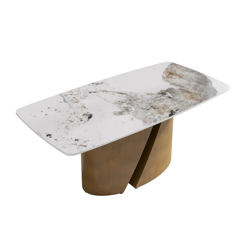 Table de salle à manger de cuisine moderne, plateau en pierre frittée, pieds en métal finition or