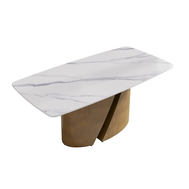 Table de salle à manger de cuisine moderne, plateau en pierre frittée, pieds en métal finition or