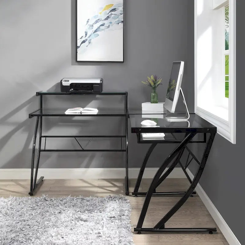 Bureau en L en verre pour la maison, le gaming et le montage.