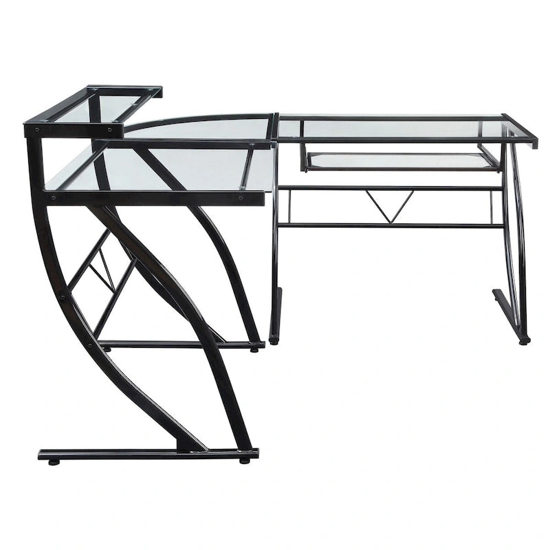 Bureau en L en verre pour la maison, le gaming et le montage.