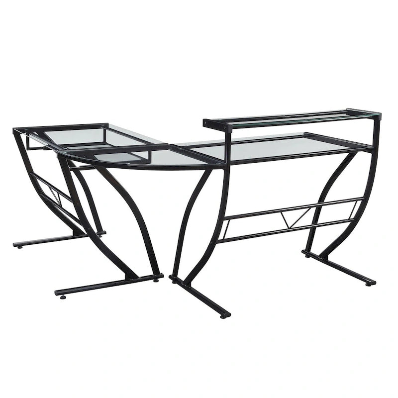 Bureau en L en verre pour la maison, le gaming et le montage.