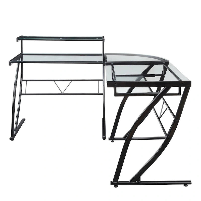 Bureau en L en verre pour la maison, le gaming et le montage.