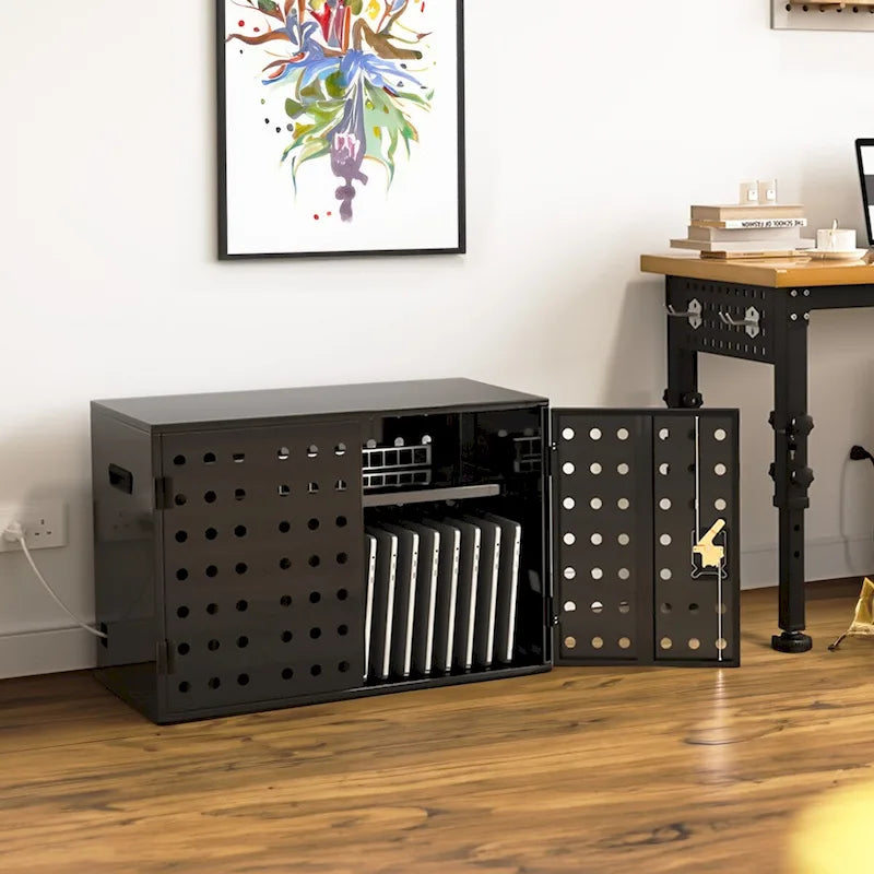 Meuble de recharge métallique sécurisé avec portes ventilées et séparateurs ajustables